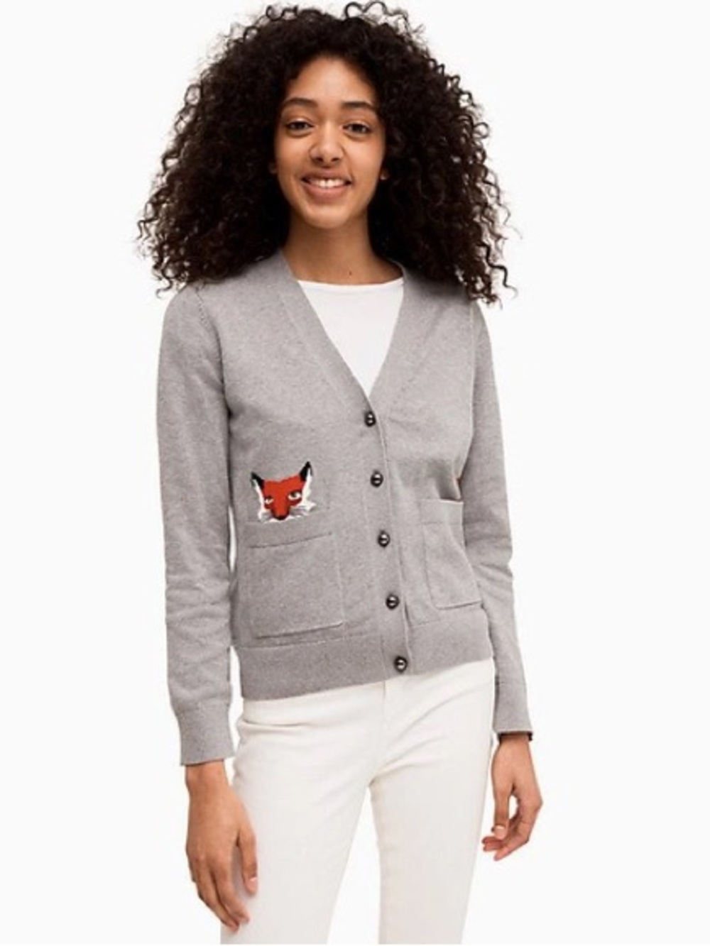 Gray Fox-Pocket V-Neck Cardigan Sweater